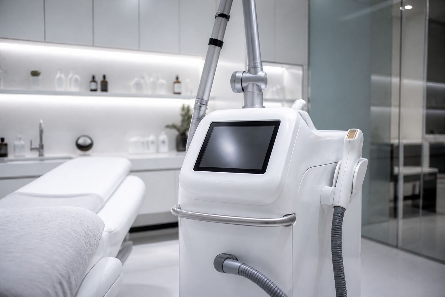 Beyaz klinik ortamında profesyonel lazer cihazı